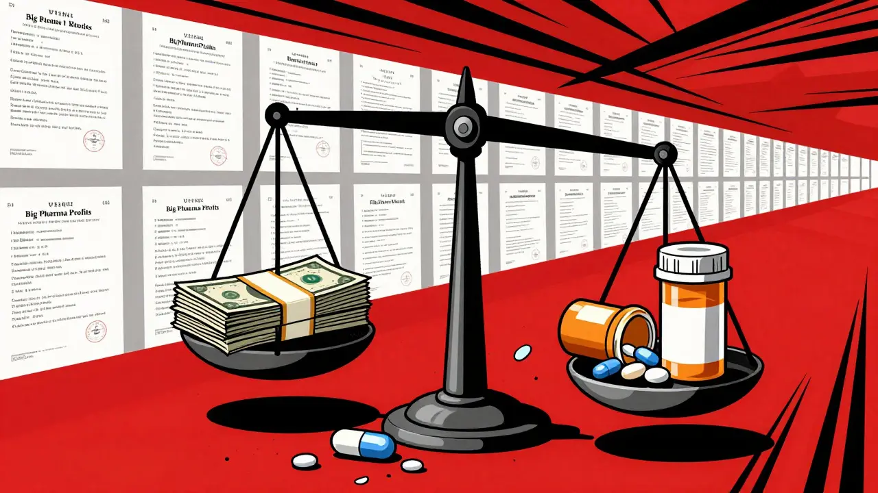 A broken scale weighing pharmaceutical profits against a patient's empty prescription bottle