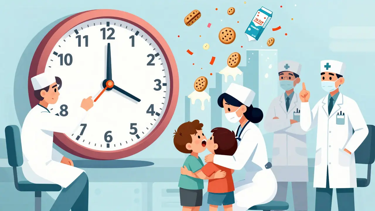 A medical team conducts a food challenge as abstract blocks represent increasing doses, with a child celebrating afterward.