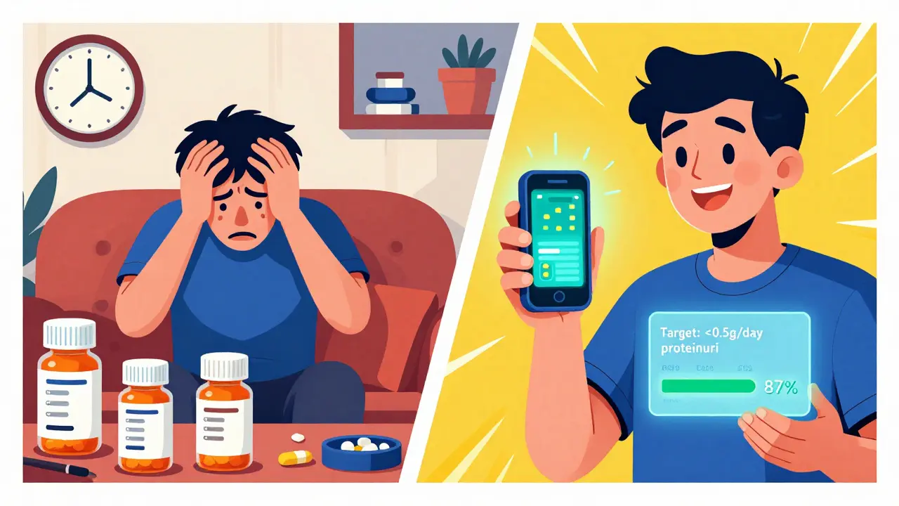 A patient overwhelmed by pills on one side, empowered by a biomarker device on the other, showing progress toward <0.5g/day proteinuria.