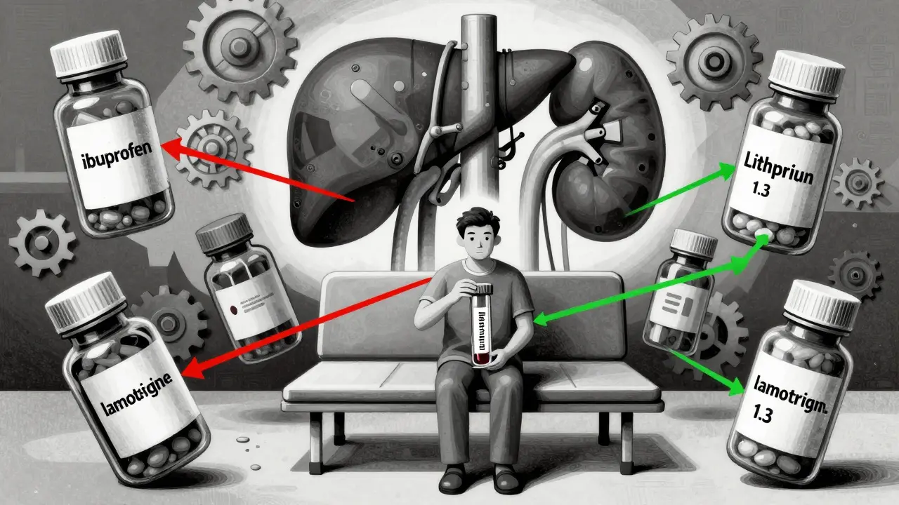 A patient surrounded by floating medication bottles with hazard lines connecting to a blood test, under a mechanical liver and kidney.