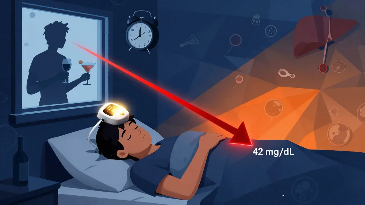 A person asleep with a CGM showing dangerously low blood sugar at 2 a.m., alcohol glasses visible outside the window.