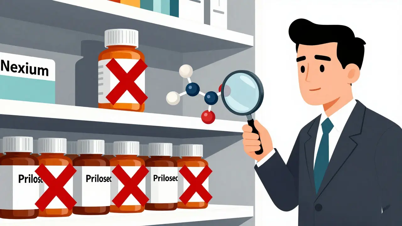 A pharmacy shelf with a branded drug towering over identical generics marked with an X