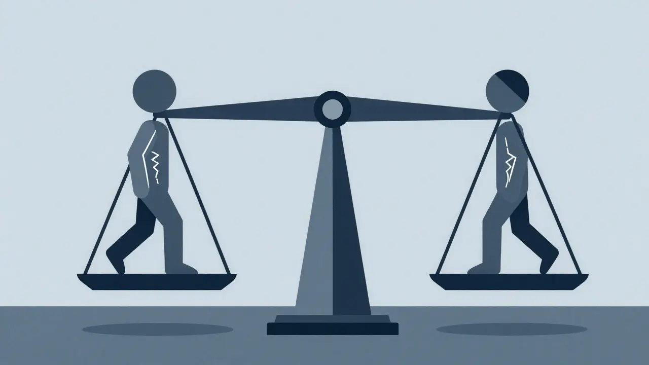 Balanced scale showing equal muscle pain between vitamin D and placebo groups.