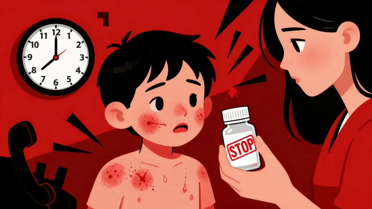 Child with raised hives and swollen lips, parent holding antibiotic bottle with stop sign, signs of allergic reaction
