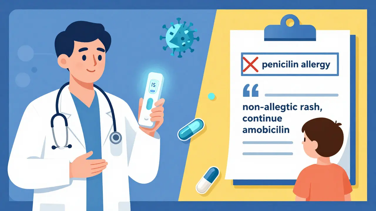 Doctor using rapid allergy test device, medical file showing allergy label being corrected to safe continuation