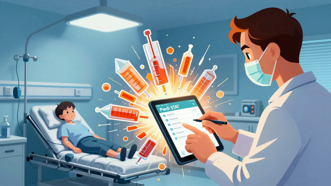 Emergency clinician using a dosing app in a hospital setting with geometric data overlays.