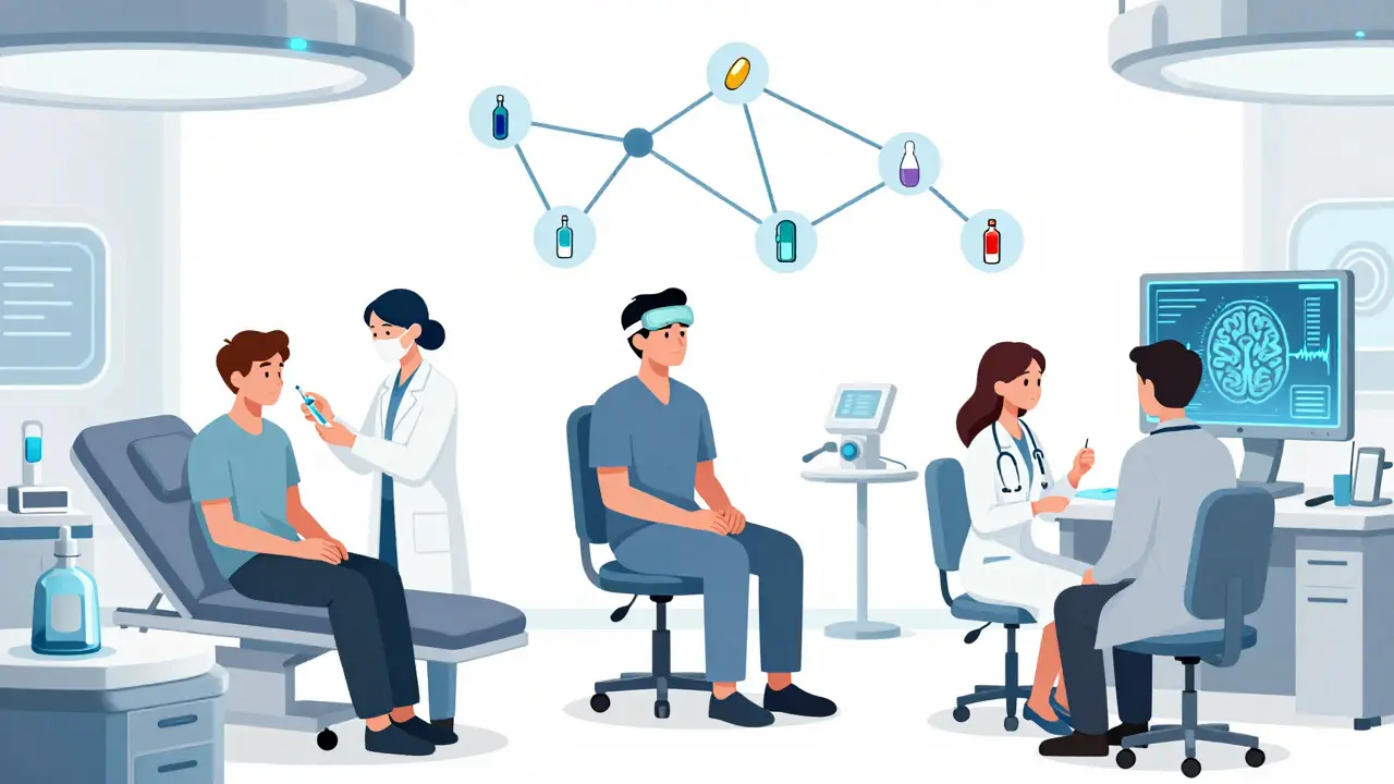 Futuristic clinic with patients receiving personalized migraine treatments using advanced devices and medications.