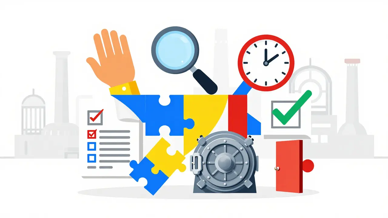 Interconnected geometric shapes symbolizing data integrity principles with icons.