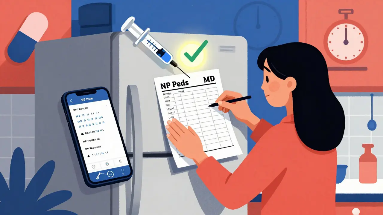 Mother posting a trusted dosing chart on the fridge while an unregulated app glows on a cracked phone.