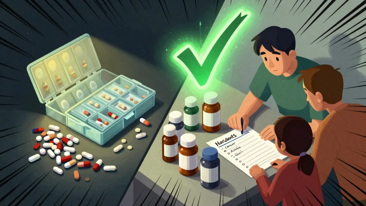 Organized meds and family support contrasted with cluttered pills, shown in dynamic geometric composition