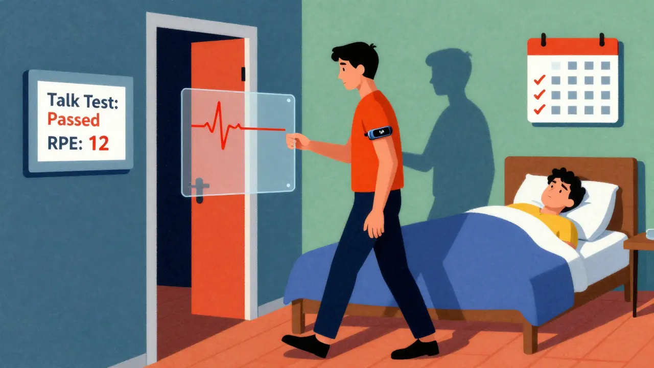 Person exercising at home with real-time health feedback panels and calendar of daily activity milestones.