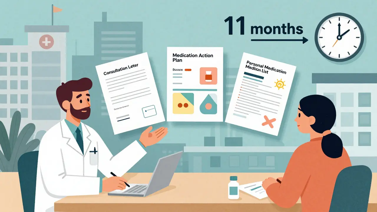 Pharmacist and patient with floating medication documents as abstract geometric panels during a review