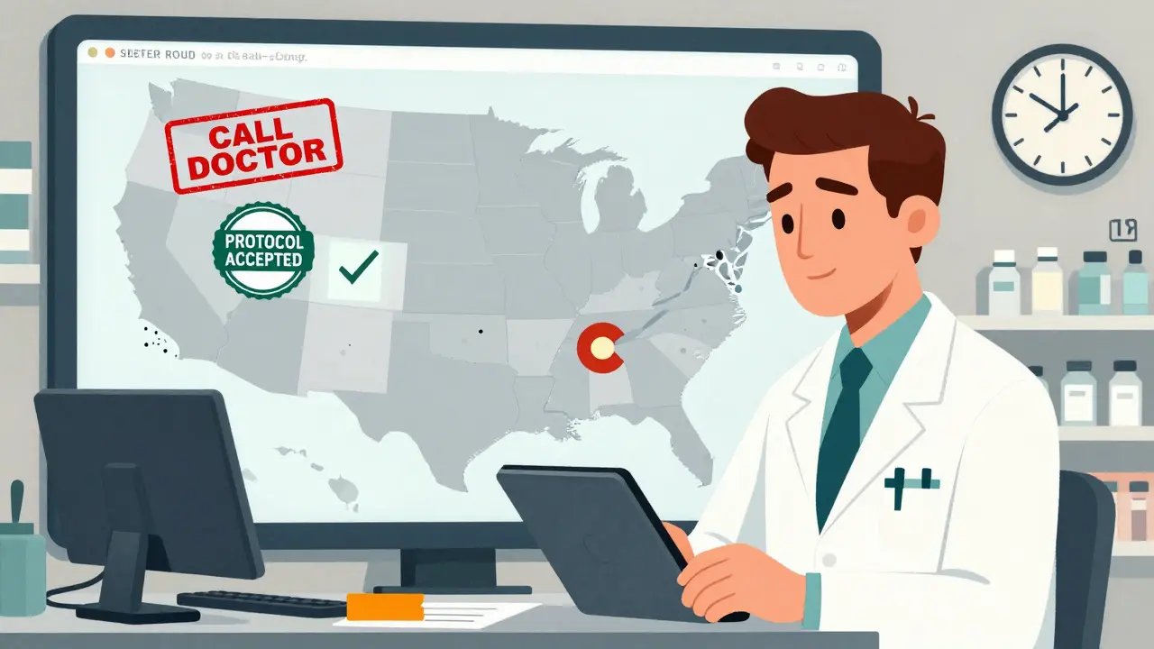Pharmacist entering substitution notes on tablet while a flickering map displays varying state regulations