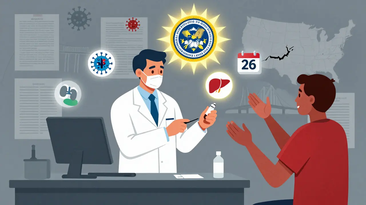 Pharmacist prescribing Paxlovid with federal seal above, rural clinic setting with floating health icons