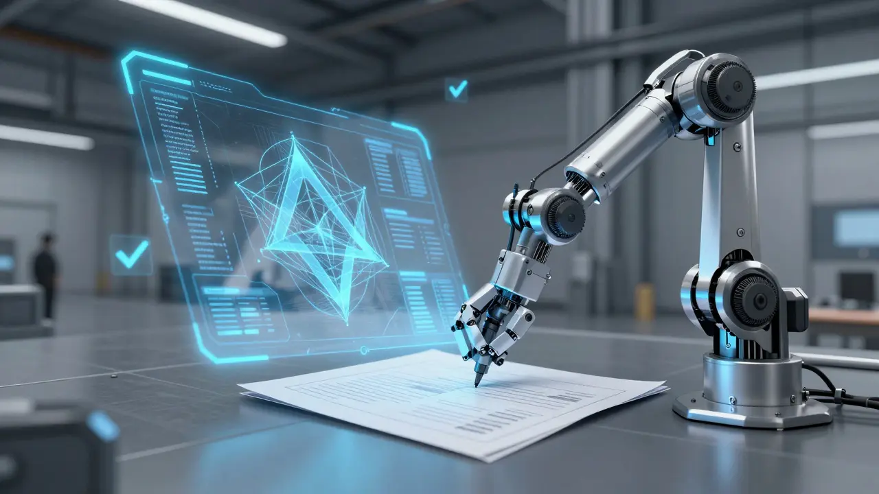 Robotic arm drafting digital records with holographic data streams in geometric style.