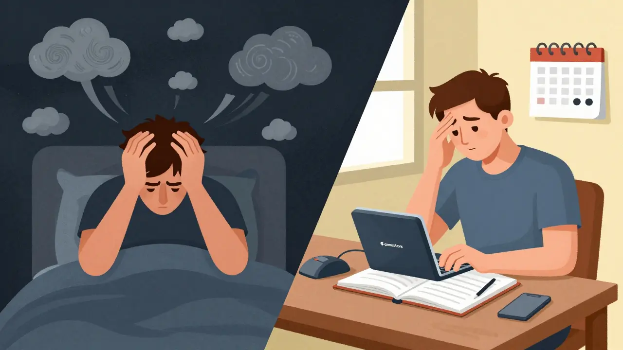 Split scene: chaotic migraine triggers on one side, calm management on the other with devices and journaling.