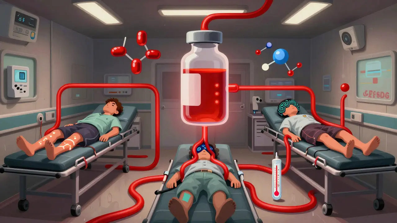 Three patients in an ER showing serotonin syndrome symptoms, linked by red serotonin streams from a central pill.