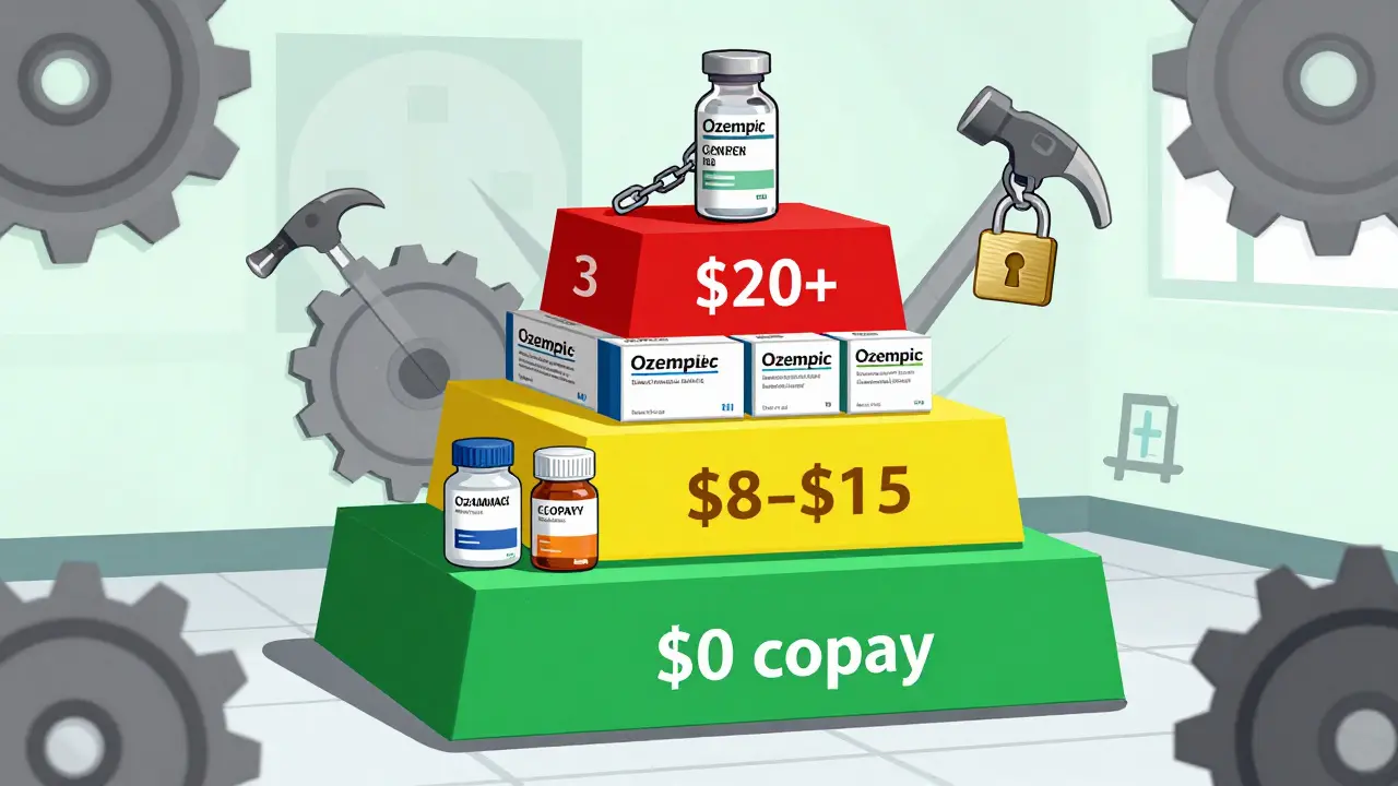 Three-tiered cost pyramid showing generic and brand-name drugs with copay levels in bold Constructivist style.