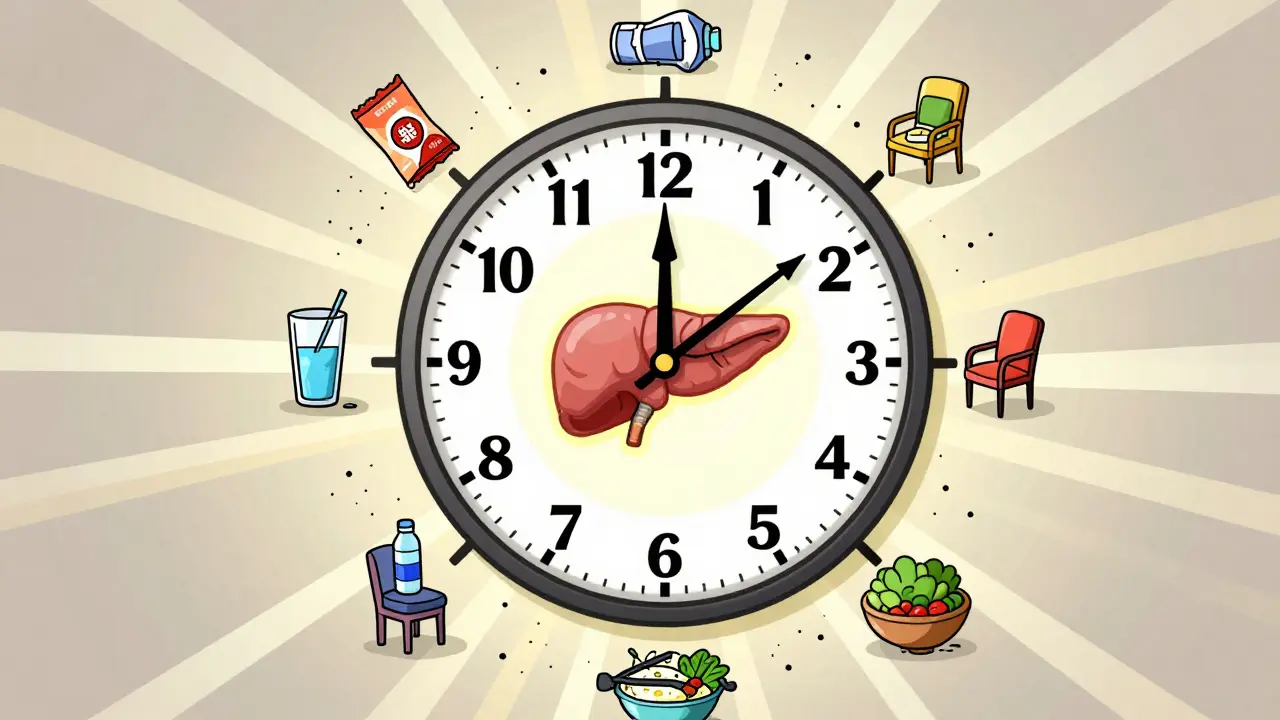 A clock-shaped body where each hour represents a healthy habit, restoring balance as industrial symbols break apart into dust.