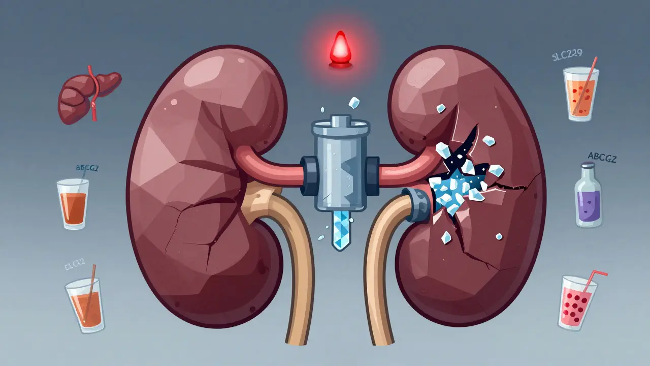 A mechanical kidney clogged with crystals, with broken valves leaking uric acid into the bloodstream.