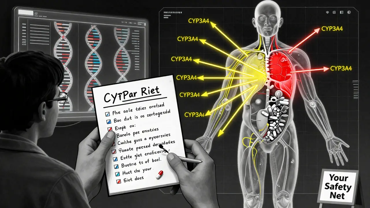A patient holds a medication list before a glowing body map showing dangerous drug interactions with AI analysis in background.
