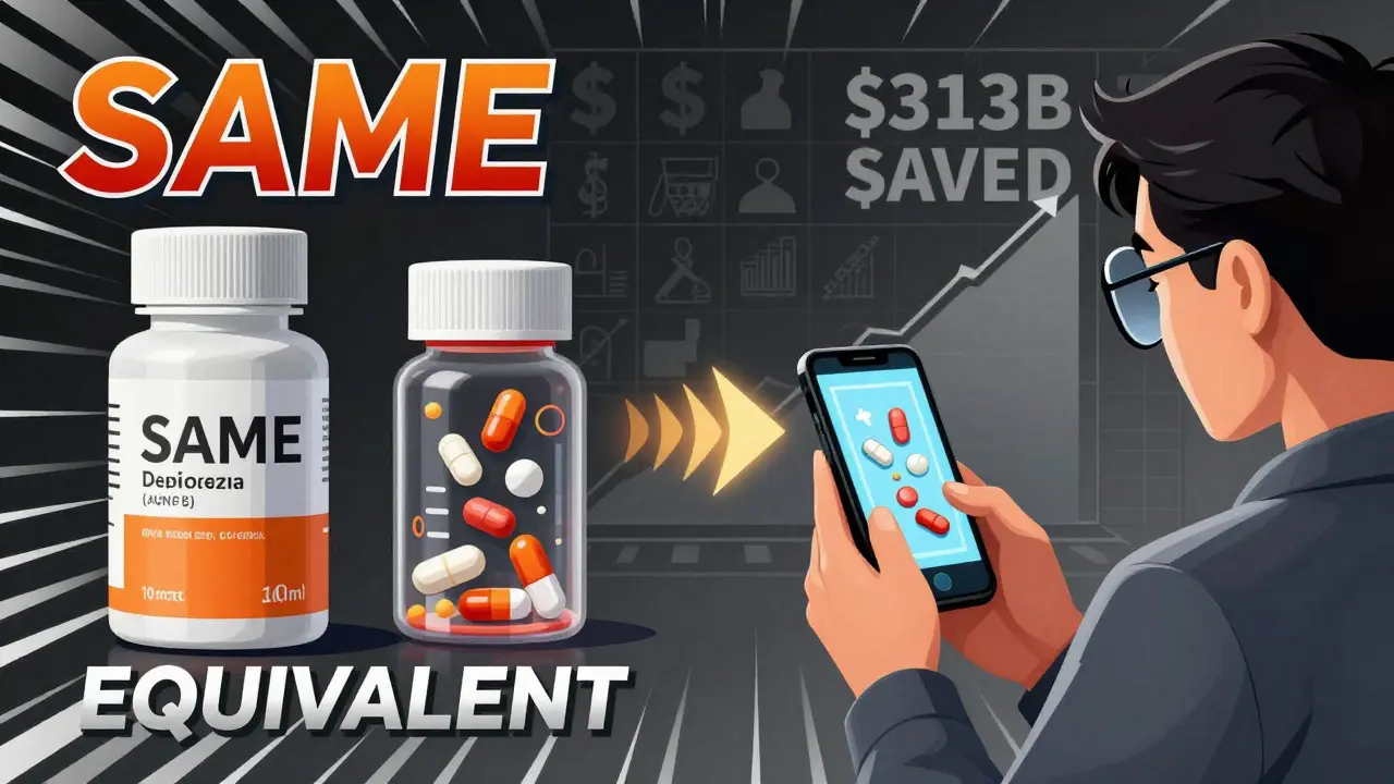 A patient scans a pill bottle, projecting a 3D animation of generic and brand-name drugs dissolving identically in the bloodstream.