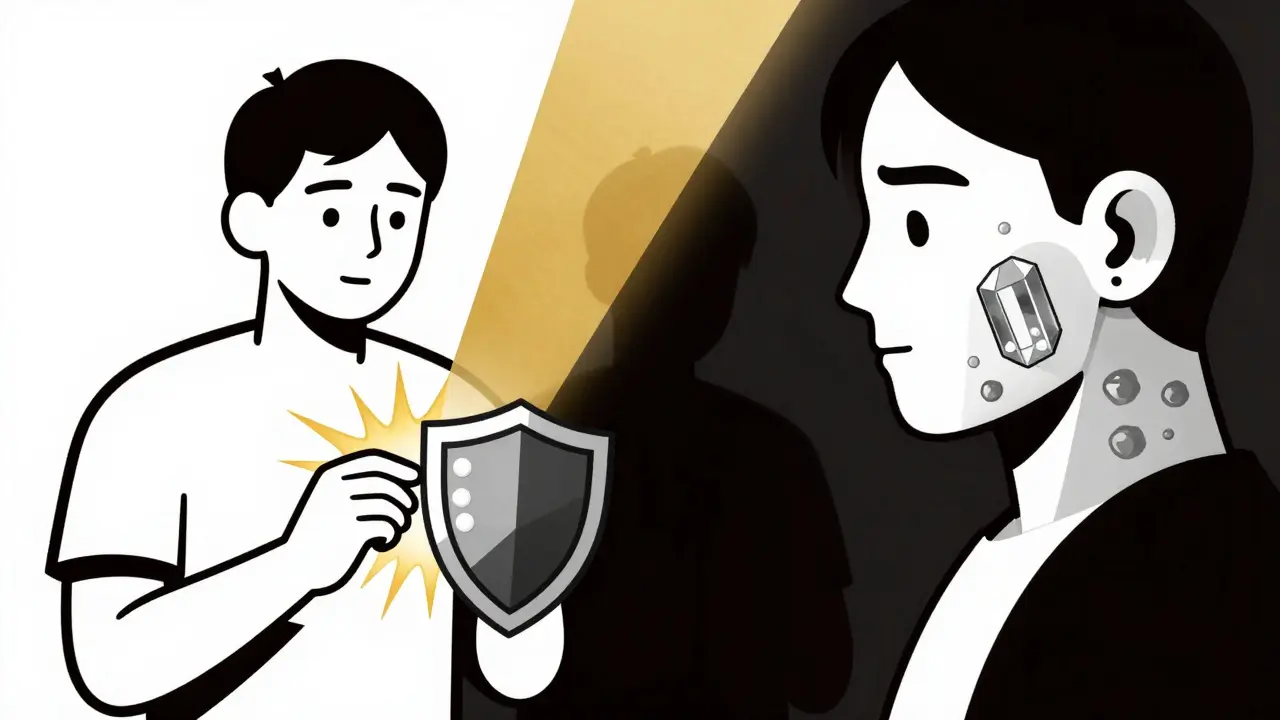 A patient taking medication while protected from crystals, versus a shadowy figure with tophi forming on skin.