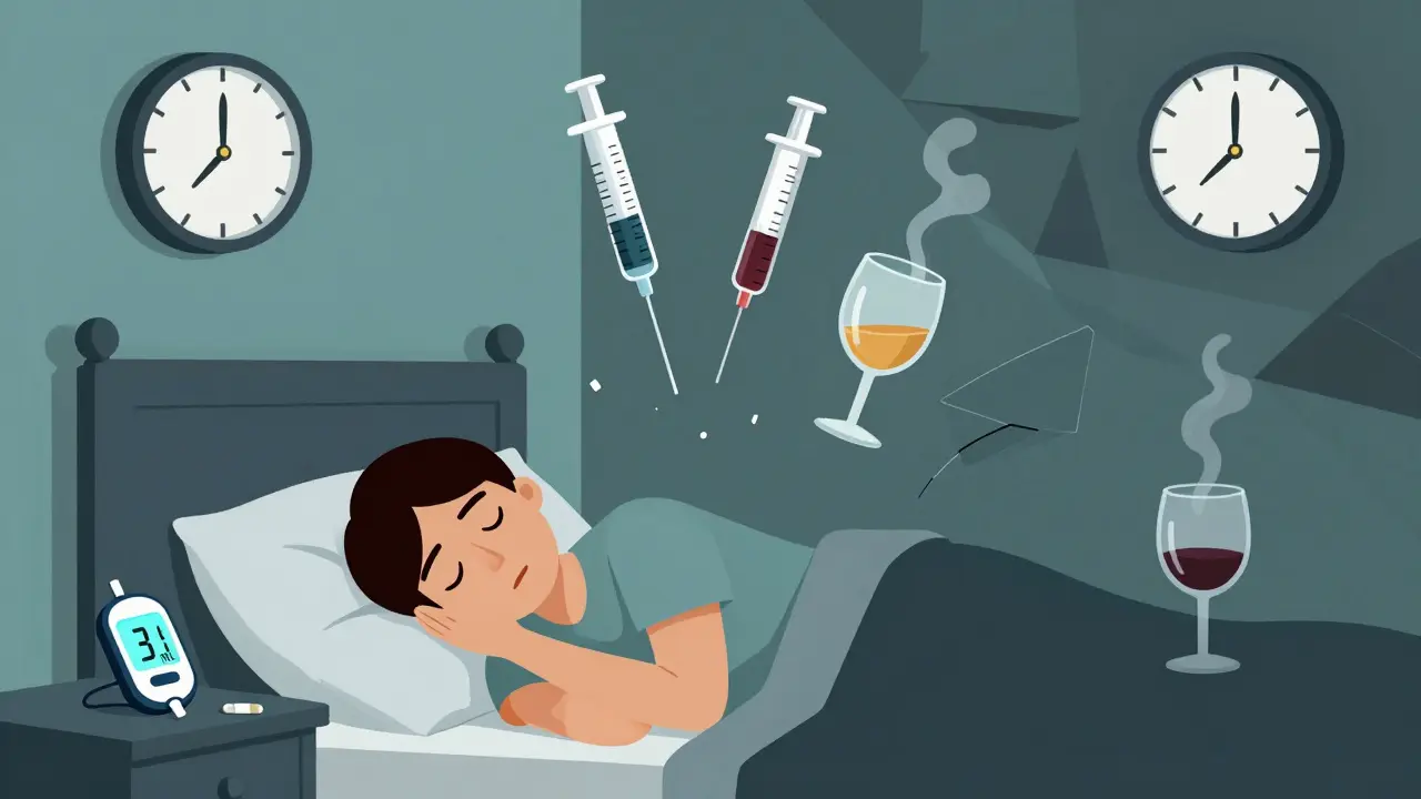 A person asleep at night with a glucose monitor showing dangerously low blood sugar, while ghostly insulin syringes and alcohol glasses hover above.