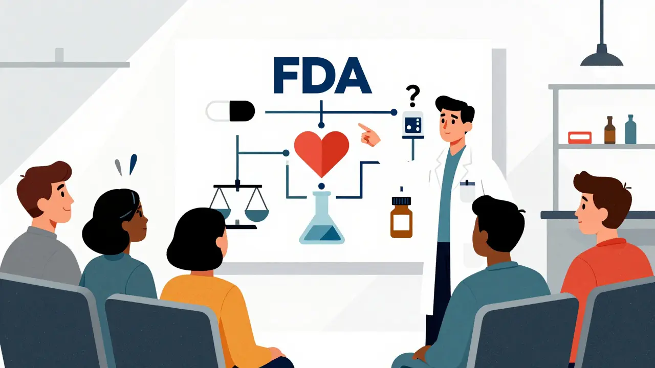 A pharmacist shows a geometric infographic to diverse patients in a clinic, with expressions changing from confusion to understanding.