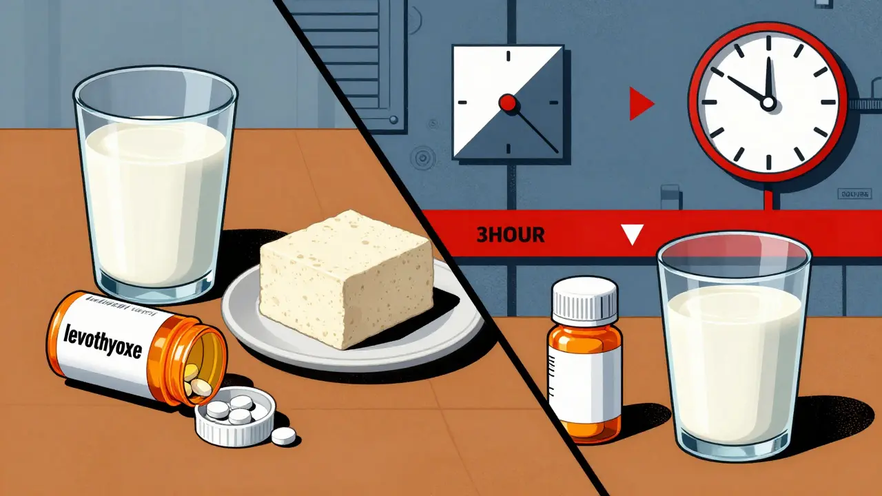 Breakfast items separated by a bold 3-hour time barrier, shown in stylized Constructivist design with industrial colors.