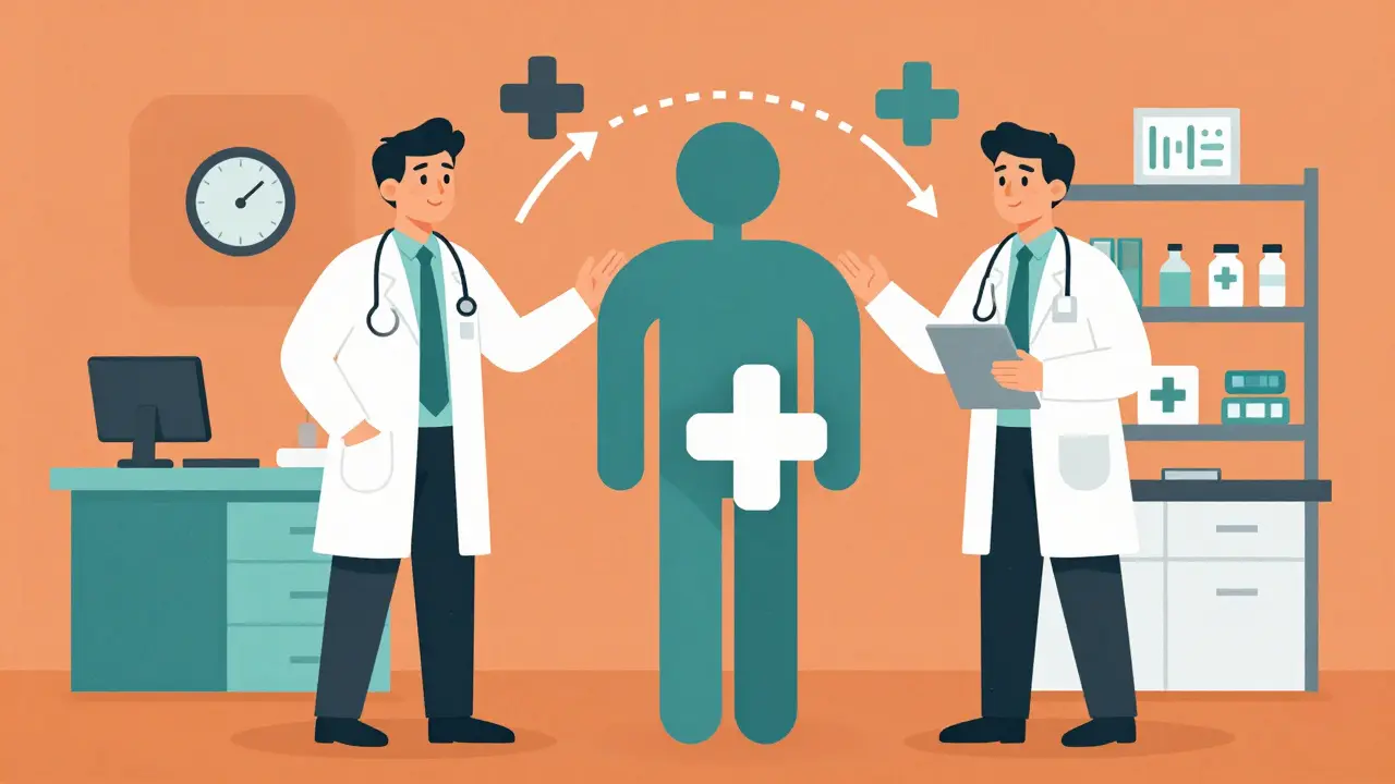 Doctor and pharmacist standing together supporting a patient