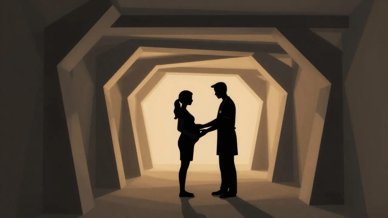 Doctor guiding patient through geometric hall toward hopeful future.