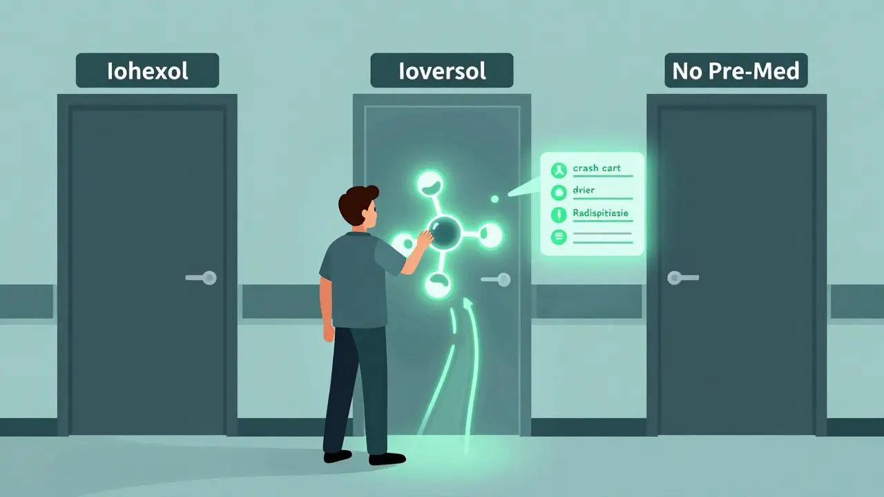Patient choosing safer contrast dye option with checklist icons for safety measures in a hospital corridor.