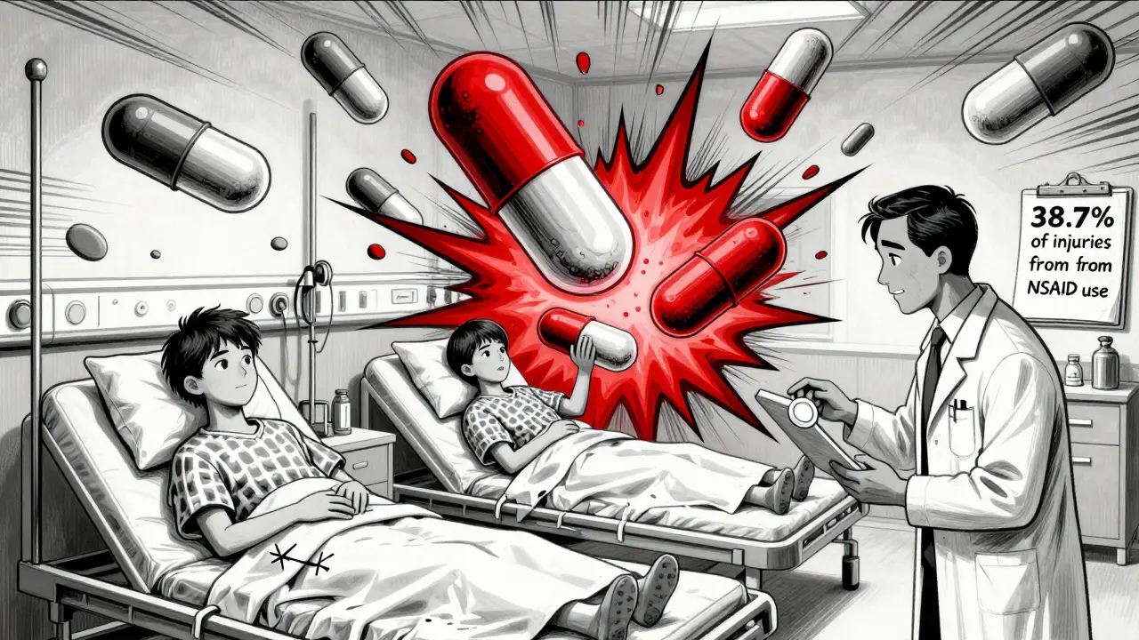 Patients in hospital under raining NSAID pills, one holding acetaminophen