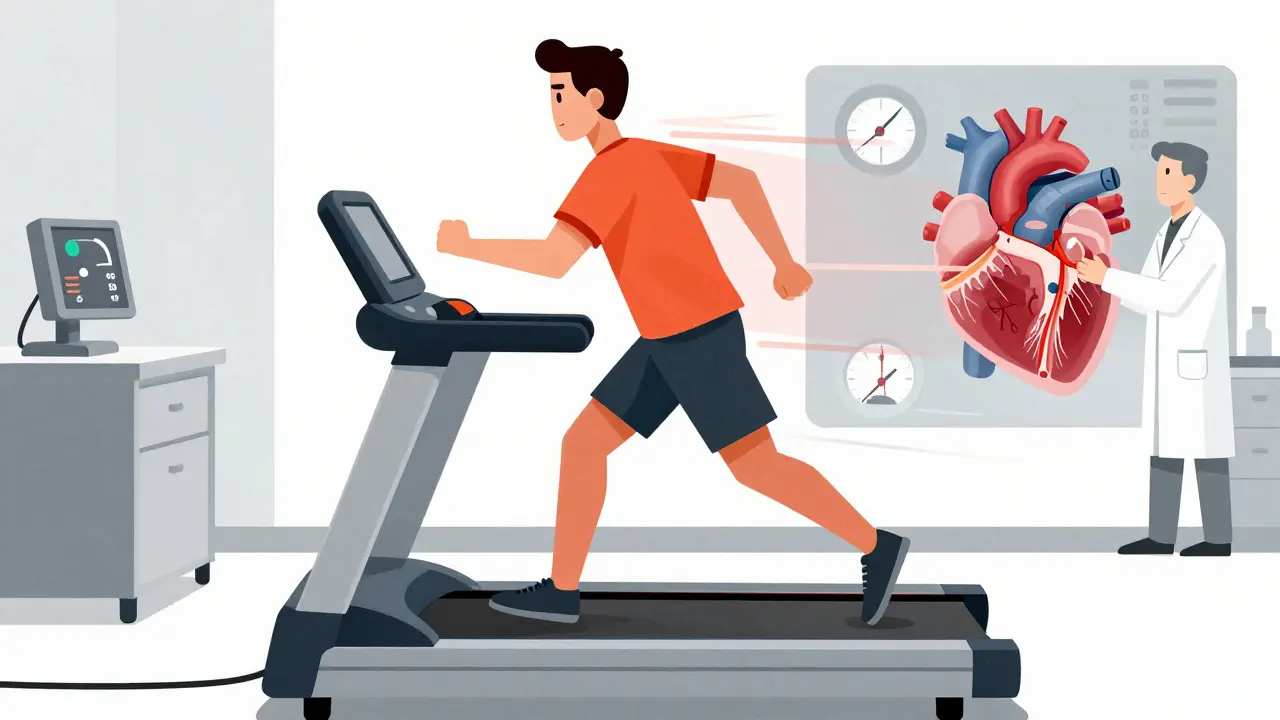 Person on treadmill during a heart stress test exam.