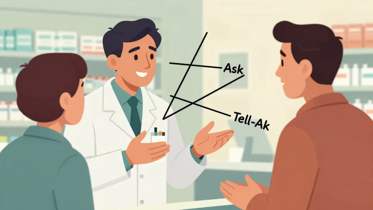 Pharmacist talking openly with a patient in a pharmacy