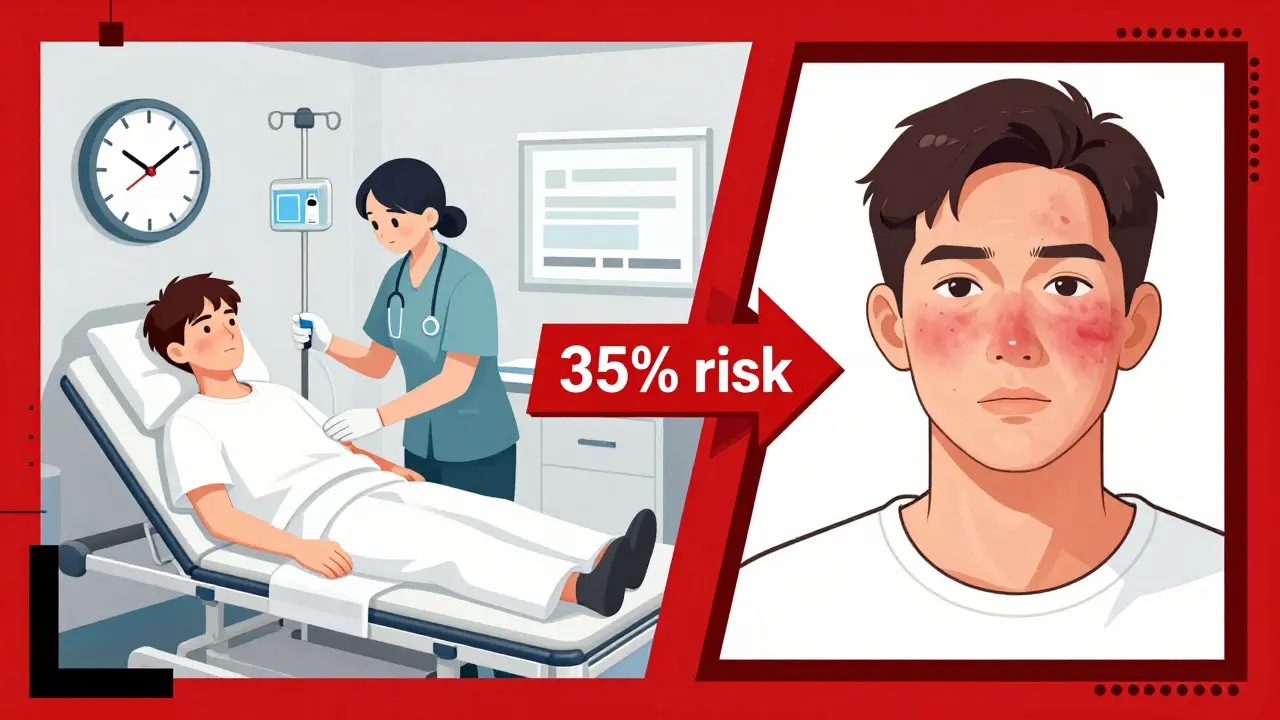 Split image: emergency IV pre-medication on one side, past mild reaction on the other, with bold 35% risk arrow.