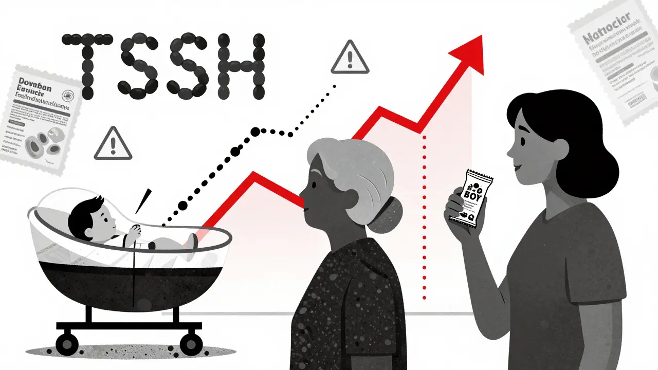 Three patient silhouettes linked to a rising TSH graph, with soybeans as warning triangles in Constructivist art style.