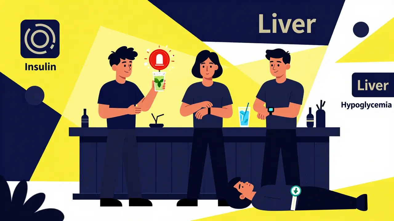 Three people in a bar: one with a sugary drink under alert, one checking glucose, one unconscious with medical ID bracelet glowing.