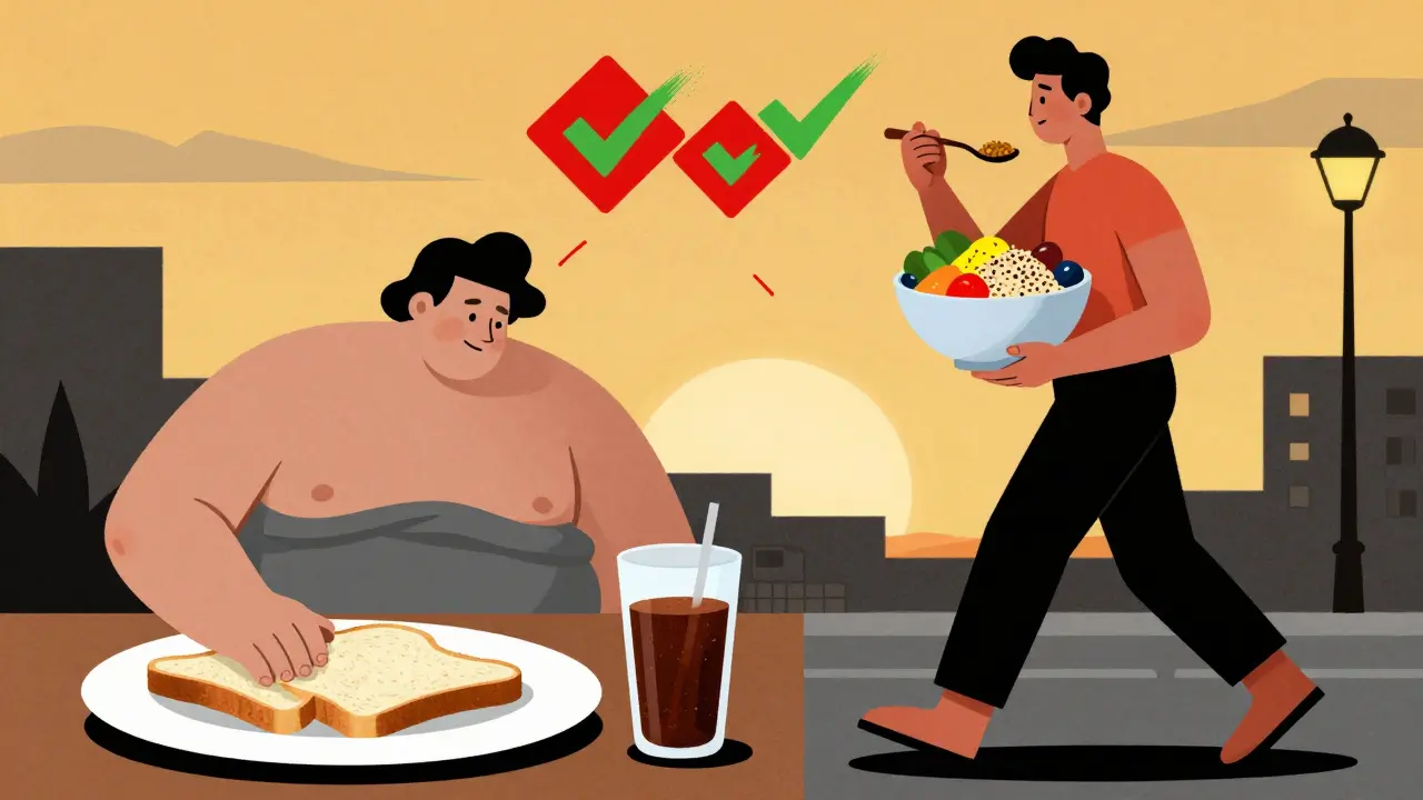 Two contrasting figures—one sedentary with unhealthy food, another active with vegetables and walk—showing transformation through bold shapes and colors.