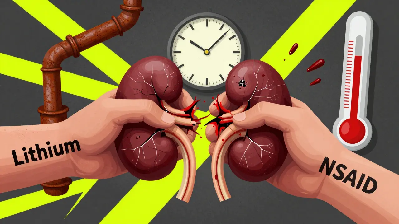 Two hands crushing a kidney with lithium and NSAID labels, pipes bursting