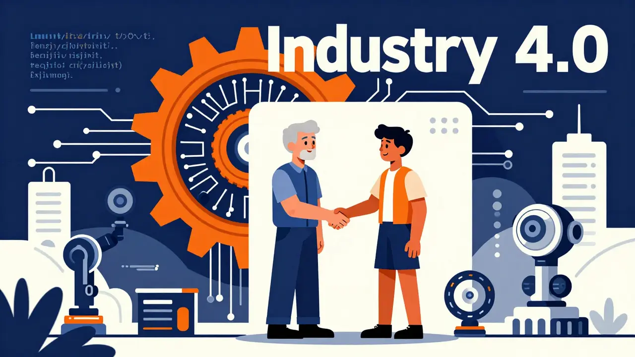 A mechanical gear merging with a circuit board to symbolize the shift to smart factories.