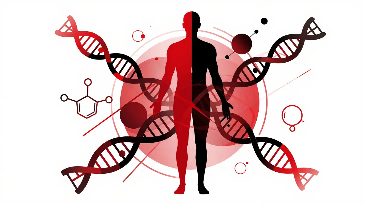 Abstract Constructivist art showing a human silhouette and DNA elements symbolizing precision medicine.