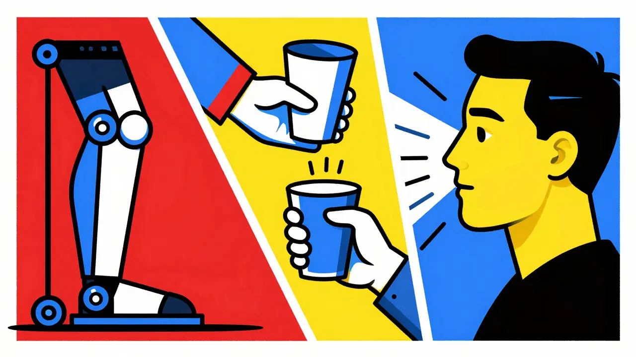 Abstract montage of robotic walking, hand grip exercises, and speech therapy.