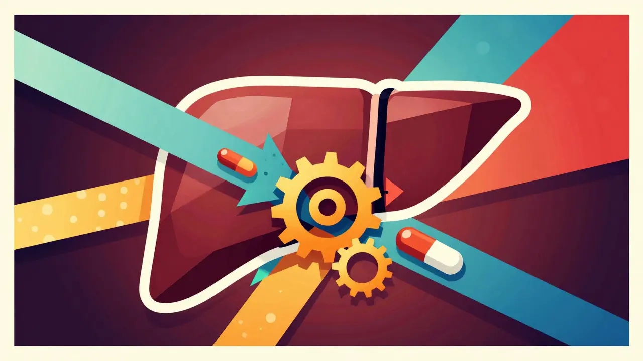 Conceptual geometric art showing the interaction of drugs and supplements in the liver.