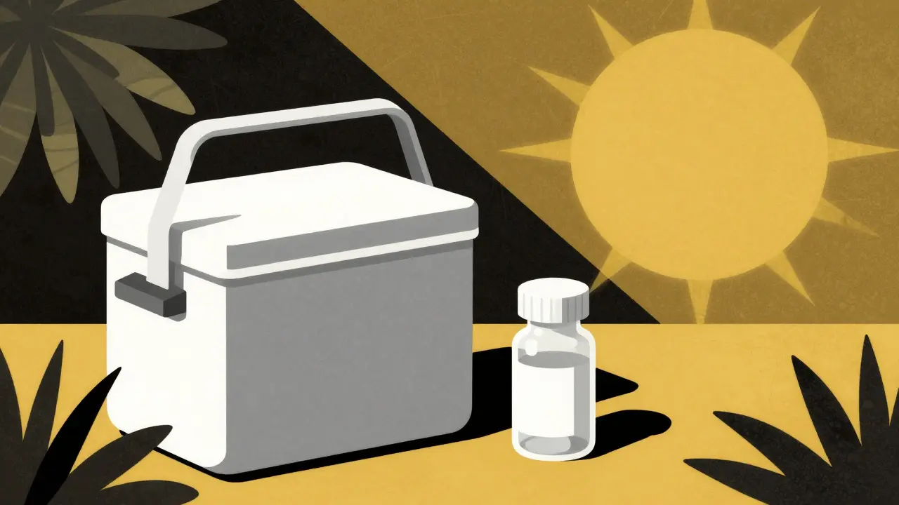 Constructivist illustration of medication cooling pouches and opaque bottles under a harsh abstract sun