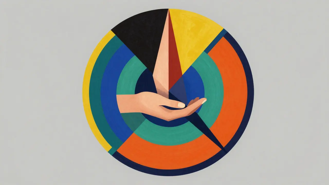 Geometric illustration of overlapping circles and a meditative hand representing integrative care.