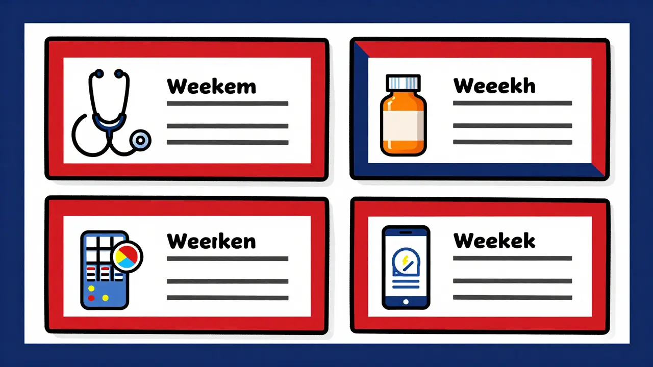 Graphic four-step timeline showing a doctor visit, pharmacy audit, app setup, and pill organizer