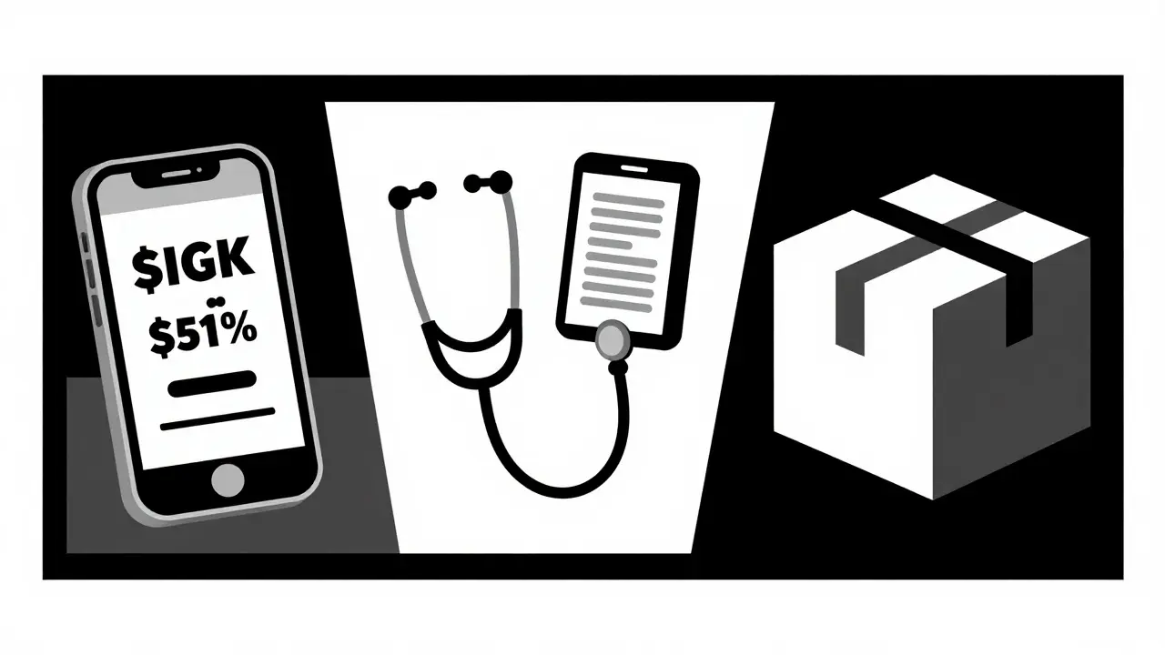 Graphic layout showing three options: a discount coupon, telehealth, and bulk shipping.