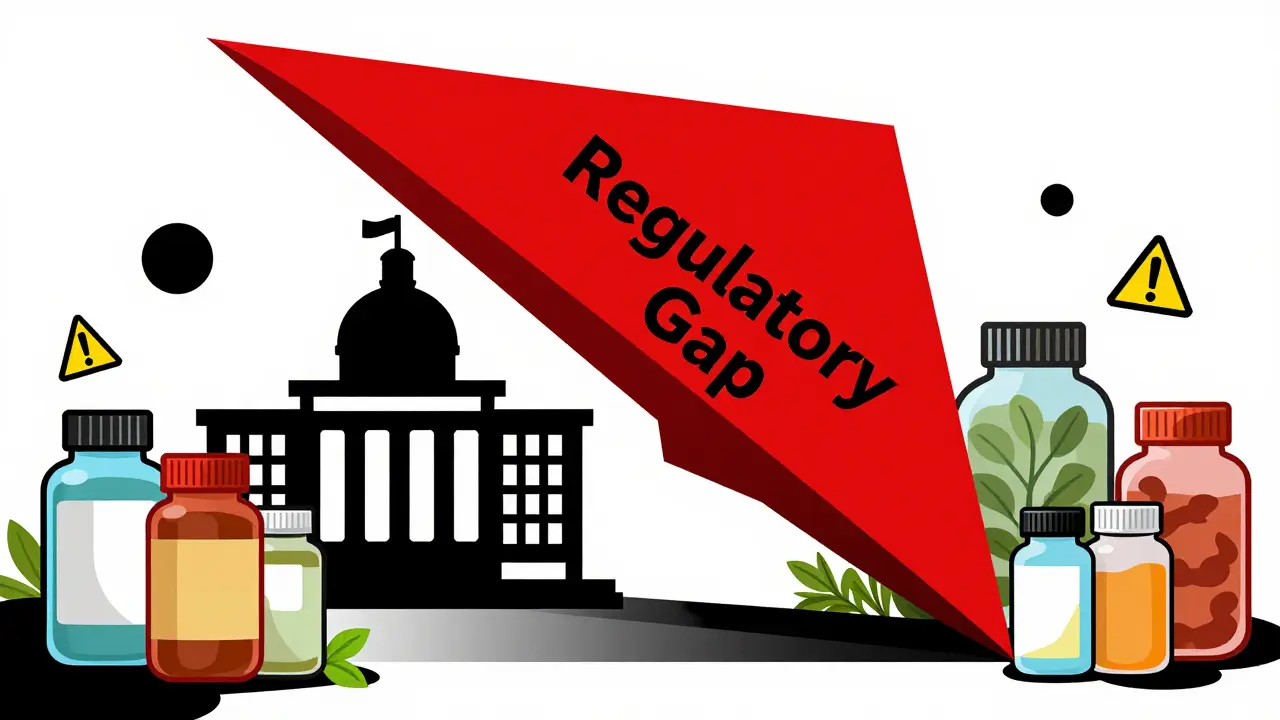 Stylized graphic depicting a regulatory gap between government oversight and herbal supplements.